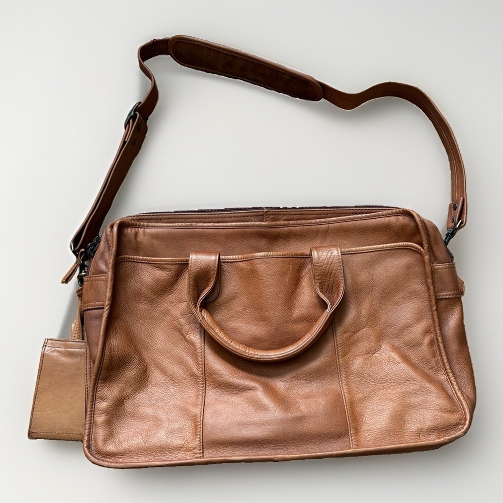 Genuine Columbian Leather Tan Brief Case Laptop Satchel Bag Made In Columbia